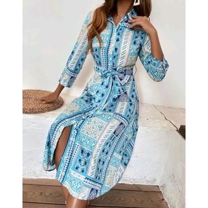 Boho Scarf Print Belted High Waist Buttoned Midi Dress